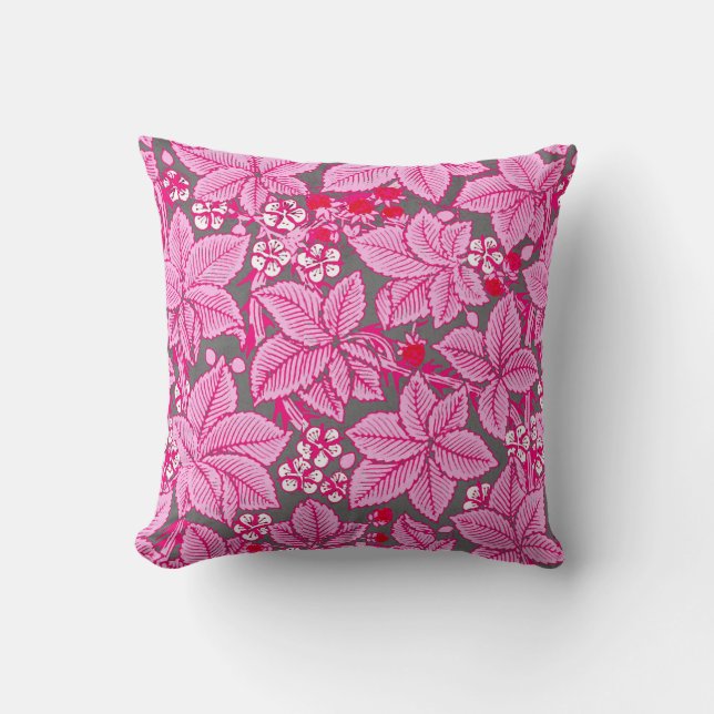 Art Nouveau Strawberries and Leaves, Pink and Grey Cushion (Front)