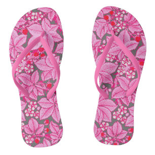 Art Nouveau Strawberries and Leaves, Pink and Grey Flip Flops