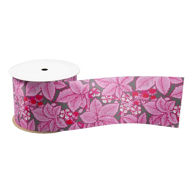 Art Nouveau Strawberries and Leaves, Pink and Grey Satin Ribbon (Spool)