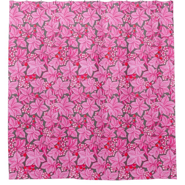 Art Nouveau Strawberries and Leaves, Pink and Grey Shower Curtain (Front)