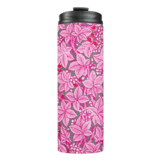Art Nouveau Strawberries and Leaves, Pink and Grey Thermal Tumbler (Front)