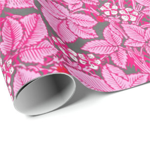 Art Nouveau Strawberries and Leaves, Pink and Grey Wrapping Paper