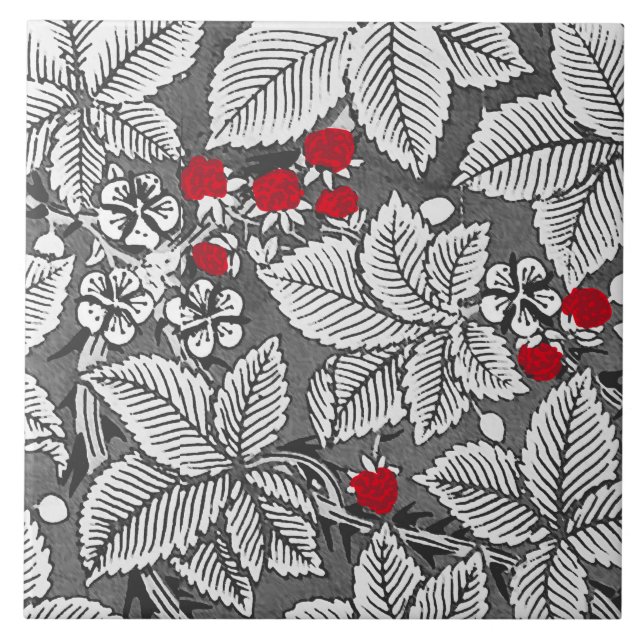 Art Nouveau Strawberries and Leaves, Silver Gray Tile (Front)