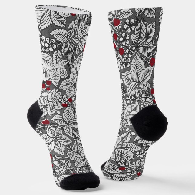 Art Nouveau Strawberries and Leaves, Silver Grey Socks (Angled)