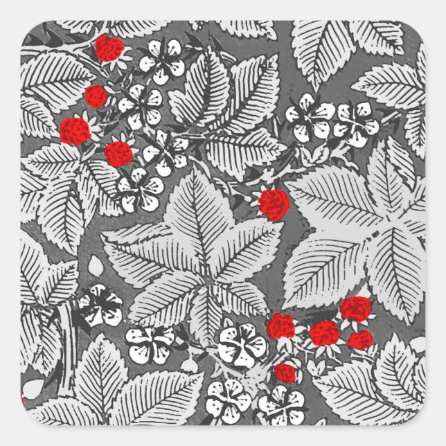 Art Nouveau Strawberries and Leaves, Silver Grey Square Sticker (Front)
