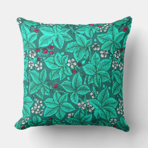 Art Nouveau Strawberries and Leaves, Turquoise Cushion