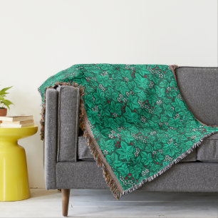 Art Nouveau Strawberries and Leaves, Turquoise Throw Blanket