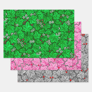 Art Nouveau Strawberries & Leaves, Green Pink Grey Wrapping Paper Sheet