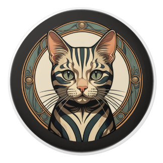 Art Nouveau Striped Cat Ceramic Knob