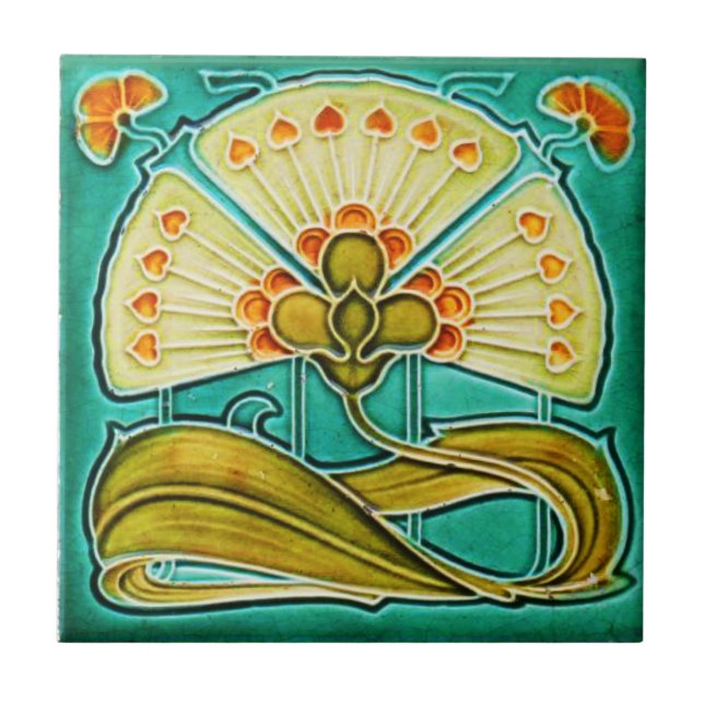 Art Nouveau Style Ceramic Tile. Floral turqoise Tile (Front)