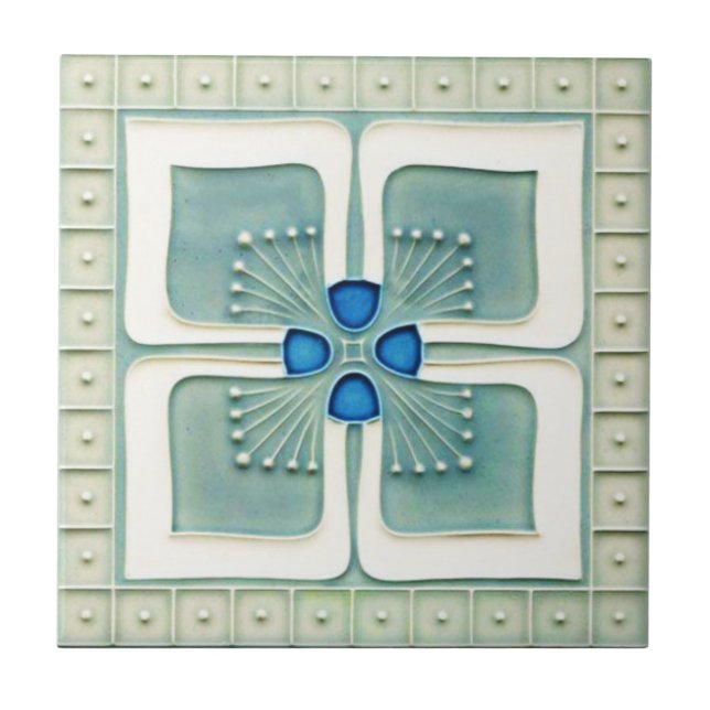 Art Nouveau Style Ceramic Tile. Grey/Blue Tile (Front)