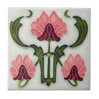 Art Nouveau Style Ceramic Tile. Pink/Green