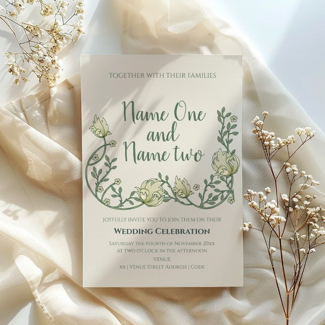 Art nouveau style floral wedding invitation (Art nouveau style wedding invitation with vintage style floral border and green script.)