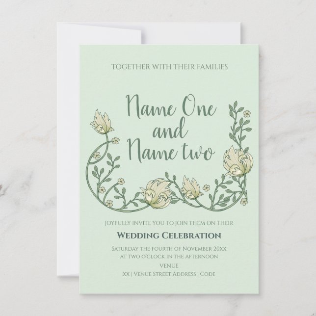 Art nouveau style green floral wedding invitation (Front)