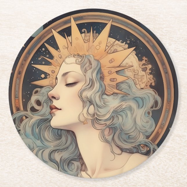 Art Nouveau Style Moon Stars Princess Round Paper Coaster (Front)
