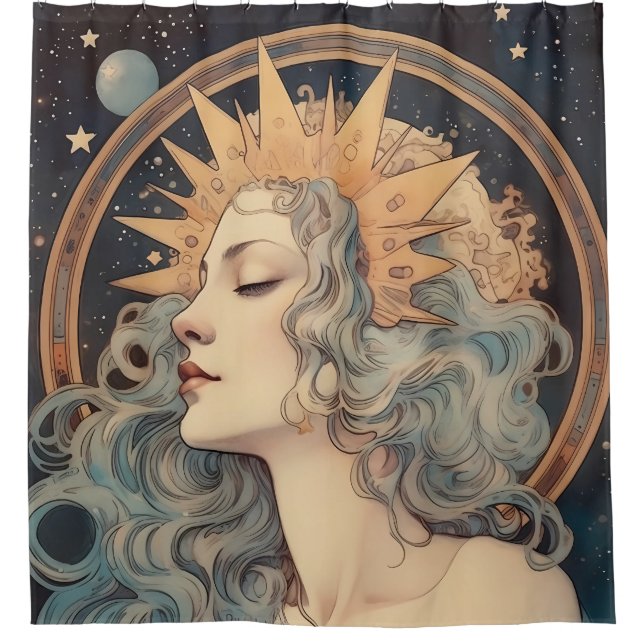 Art Nouveau Style Moon Stars Princess Shower Curtain (Front)