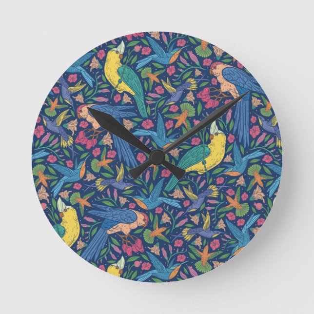 Art nouveau style parrots pattern round clock (Front)