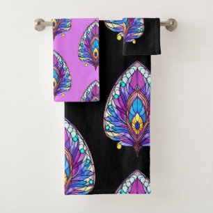 Art Nouveau Style Stained Glass Peacock Feather Bath Towel Set
