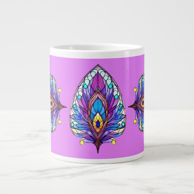 Art Nouveau Style Stained Glass Peacock Feather Large Coffee Mug (Front)