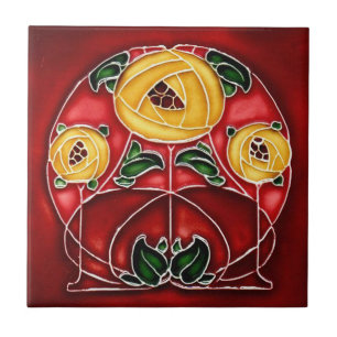 Art Nouveau Style Yellow and Red Ceramic Tile