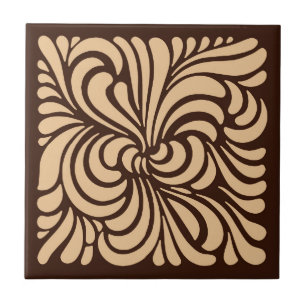 Art Nouveau Stylised Leaves, Tan and Dark Brown Tile