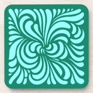 Art Nouveau Stylised Leaves, Turquoise and Aqua Coaster