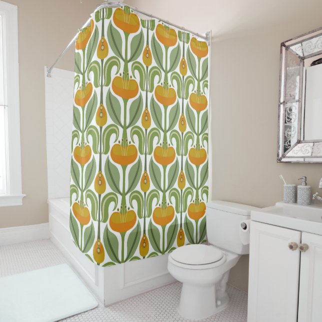 Art Nouveau Stylised Tulips Orange Shower Curtain (In Situ)