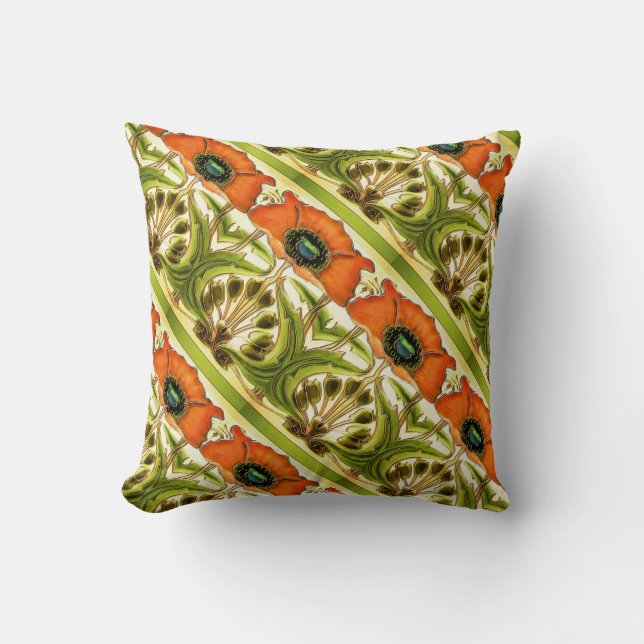 ART NOUVEAU  STYLIZED GREEN RED POPPIES CUSHION (Front)