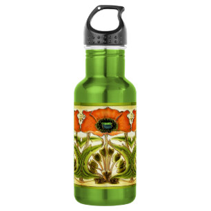 ART NOUVEAU STYLIZED GREEN RED POPPY 532 ML WATER BOTTLE