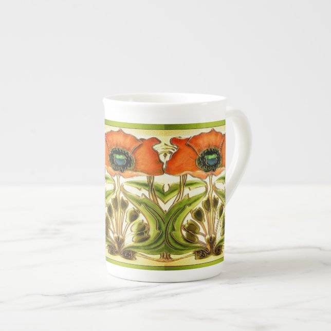 ART NOUVEAU STYLIZED GREEN RED POPPY BONE CHINA MUG (Front Right)
