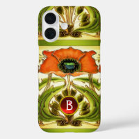 ART NOUVEAU STYLIZED GREEN RED POPPY GEM MONOGRAM
