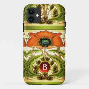 ART NOUVEAU STYLIZED GREEN RED POPPY GEM MONOGRAM iPhone 11 CASE