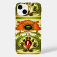 ART NOUVEAU  STYLIZED GREEN RED POPPY GEM MONOGRAM