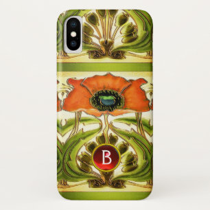 ART NOUVEAU  STYLIZED GREEN RED POPPY GEM MONOGRAM iPhone X CASE