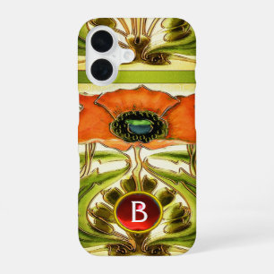 ART NOUVEAU  STYLIZED GREEN RED POPPY GEM MONOGRAM iPhone 16 CASE