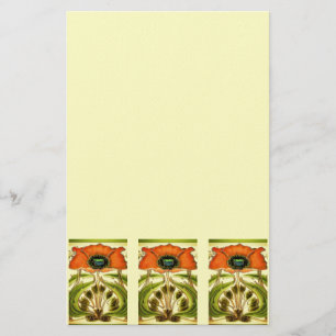 ART NOUVEAU  STYLIZED GREEN RED POPPY STATIONERY