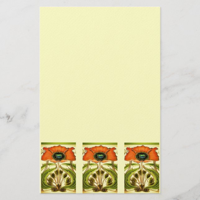 ART NOUVEAU  STYLIZED GREEN RED POPPY STATIONERY (Front)