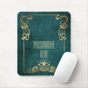 Art nouveau suede look elegant gold green lotus mouse mat