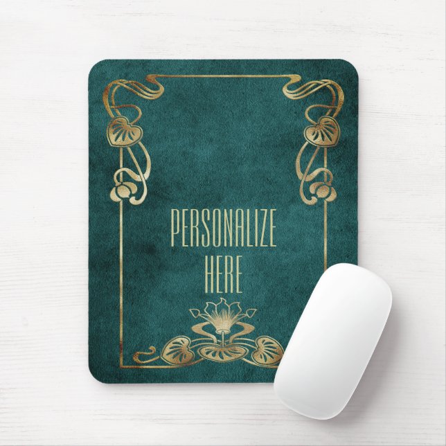 Art nouveau suede look elegant gold green lotus mouse mat (With Mouse)