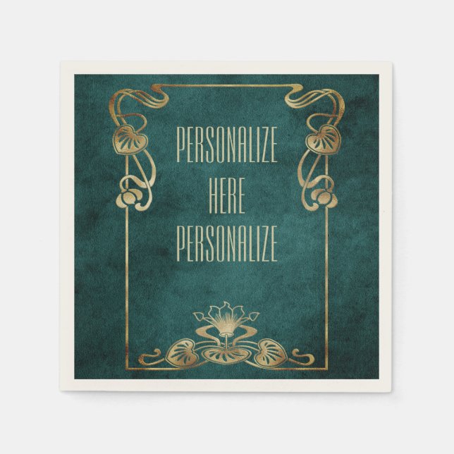 Art nouveau suede look elegant gold green lotus napkin (Front)