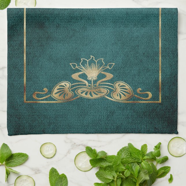 Art nouveau suede look elegant gold green lotus tea towel (Folded)