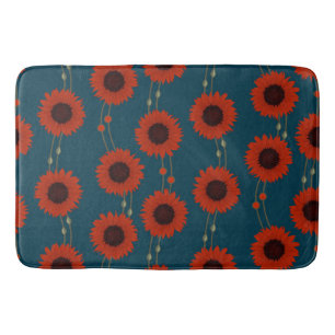 Art Nouveau Sunflower Retro Floral Stripes Red Bath Mat