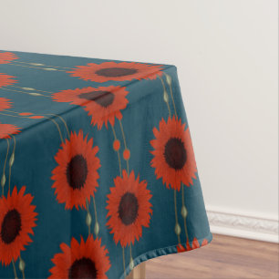 Art Nouveau Sunflower Retro Floral Stripes Red Tablecloth