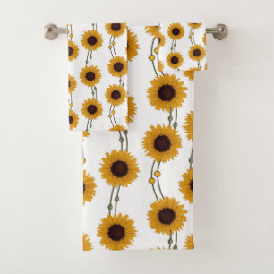 Art Nouveau Sunflower Retro Floral Stripes Yellow Bath Towel Set