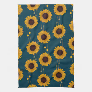 Art Nouveau Sunflower Retro Floral Stripes Yellow Tea Towel