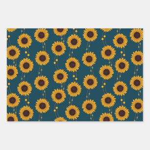 Art Nouveau Sunflower Retro Floral Stripes Yellow Wrapping Paper Sheet