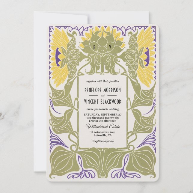 Art Nouveau Sunflower Summer Wedding Invitation (Front)