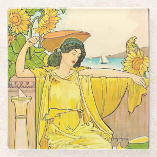 Art Nouveau Sunflower Woman Vintage Illustration Glass Coaster