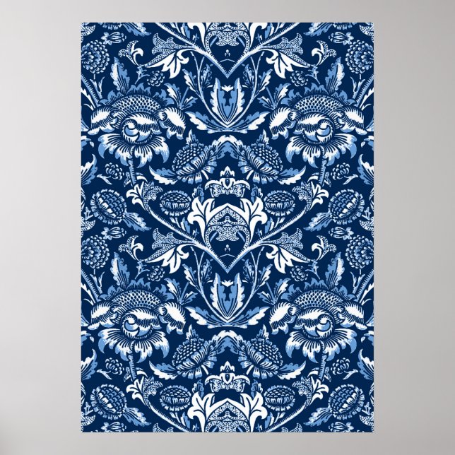 Art Nouveau Sunflowers, Dark Blue and White Poster (Front)