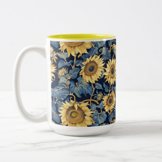 Art Nouveau Sunflowers Yellow Two-Tone Coffee Mug (Left)